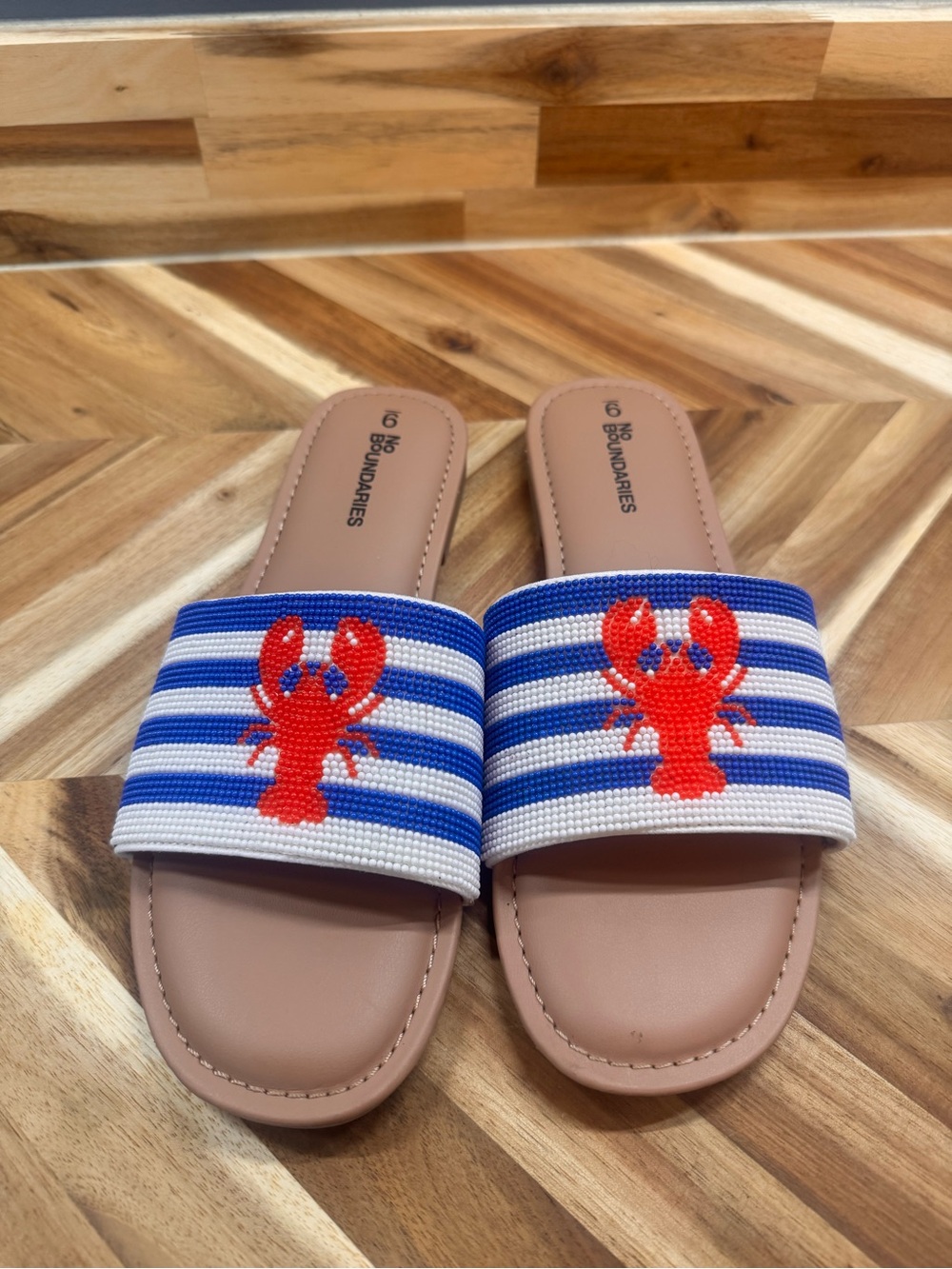 No Boundaries Blue & White Stripe Slide Sandals with Red Lobster Accent